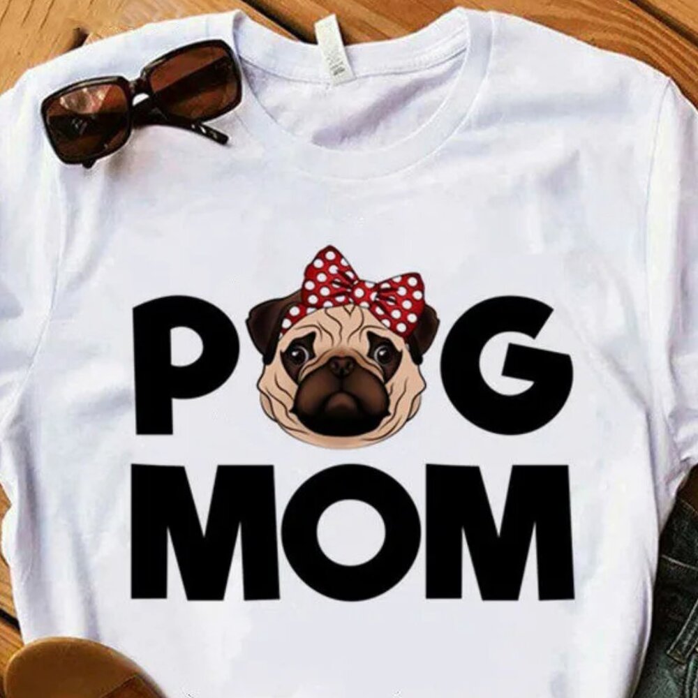 PUG MOM #1 Printed Round Neck Short-Sleeved Women T-Shirt Size LARGE